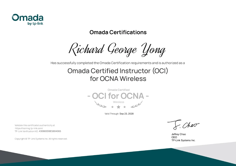 Omada Certified Instructor for OCNA Wireless certificate issued to Richard George Yong