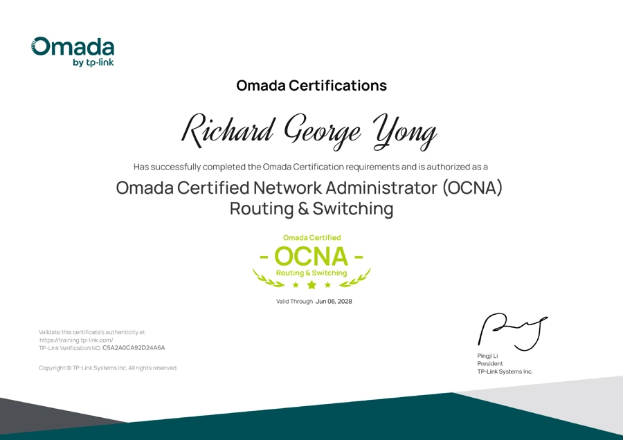 OCNA Routing and Switching certificate issued to Richard George Yong