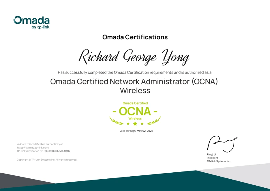 OCNA Wireless certificate issued to Richard George Yong