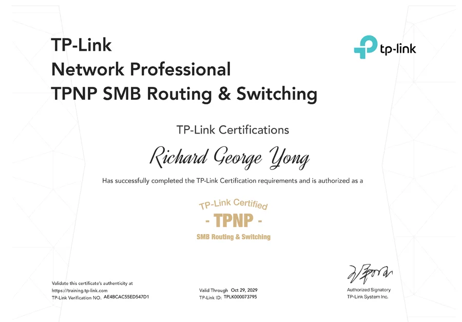 TP-Link Network Professional for SMB Routing and Switching certificate issued to Richard George Yong
