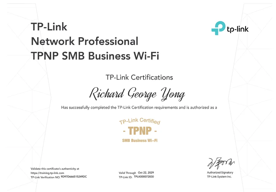 TP-Link Network Professional for SMB Business Wi-Fi certificate issued to Richard George Yong
